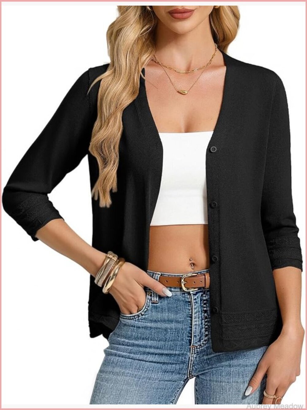 3/4 Sleeve Lightweight Cardigan V-Neck Button Down Open Front Knit